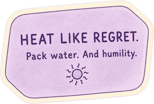 Heat like regret. Pack water. And humility.