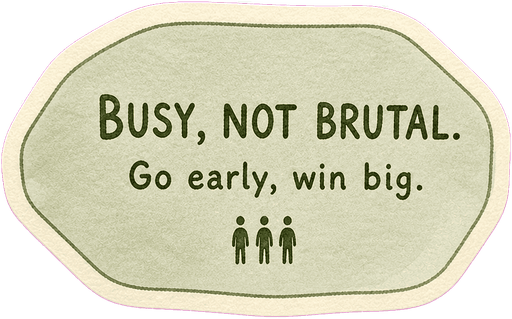 Busy, not brutal. Go early, win big.