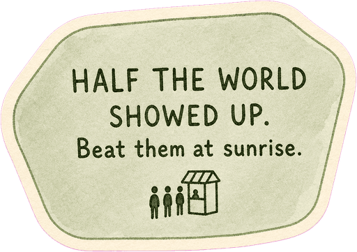 Half the world showed up. Beat them at sunrise.