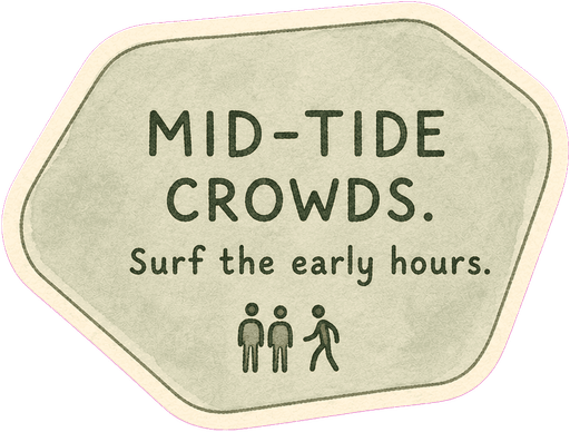 Mid-tide crowds. Surf the early hours.
