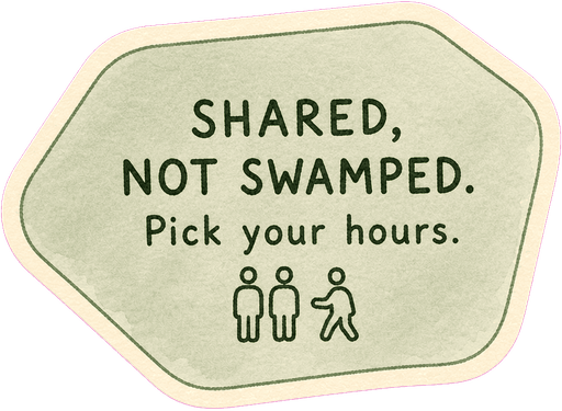Shared, not swamped. Pick your hours.