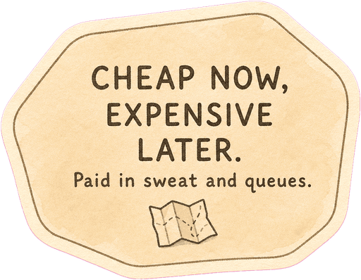 Cheap now, expensive later. Paid in sweat and queues.