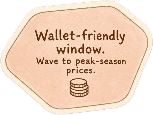 Wallet-friendly window. Wave to peak-season prices.