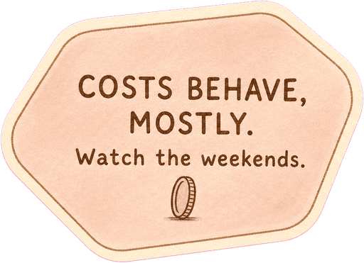 Costs behave, mostly. Watch the weekends.